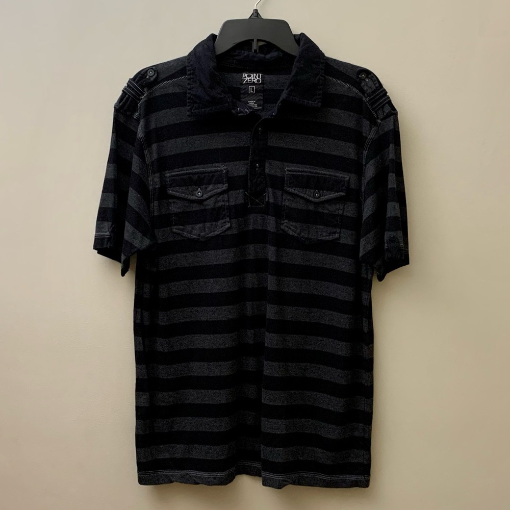 Point Zero Men’s Black & Gray Striped Short Sleeve Polo - Size Large